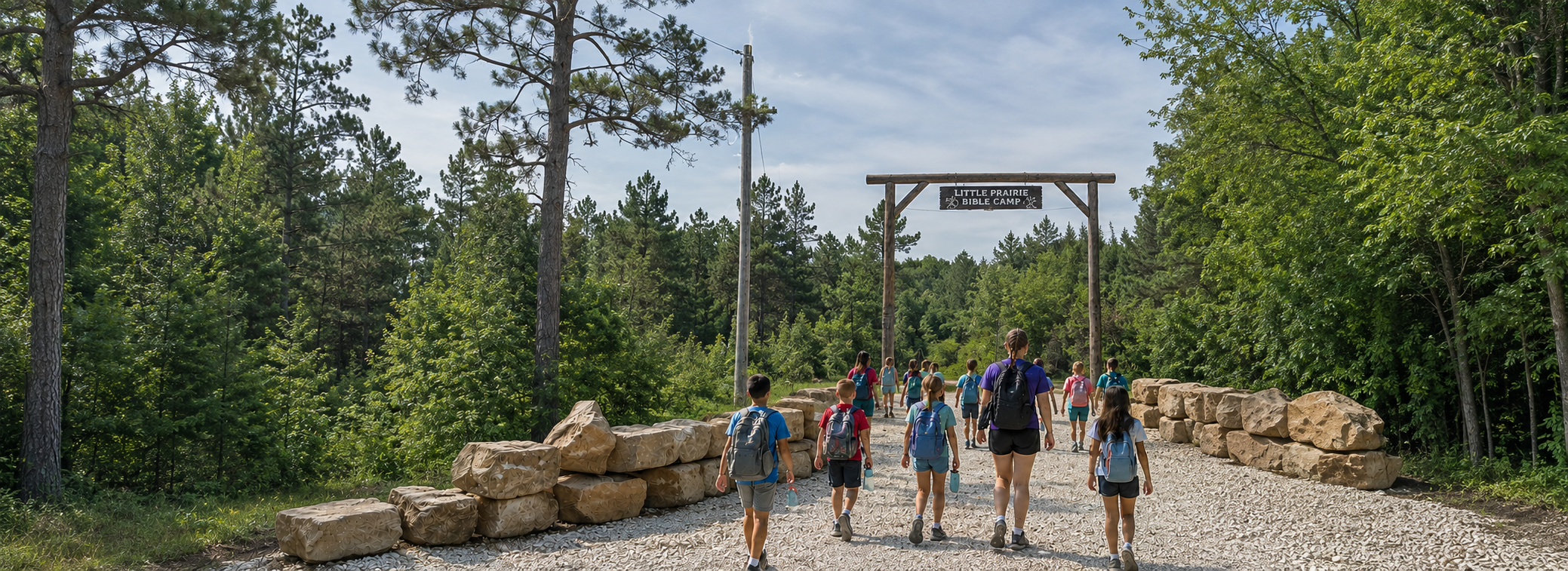 Campers walking through the entrance of Little Prairie Bible Camp near Rolla, Missouri.